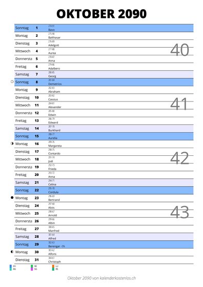 Kalender Oktober 2090 im Hochformat mit Notizbereich