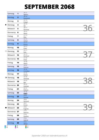 Kalender September 2068 im Hochformat mit Notizbereich