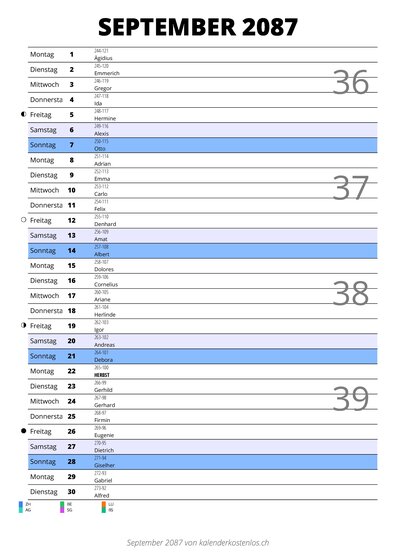 Kalender September 2087 im Hochformat mit Notizbereich