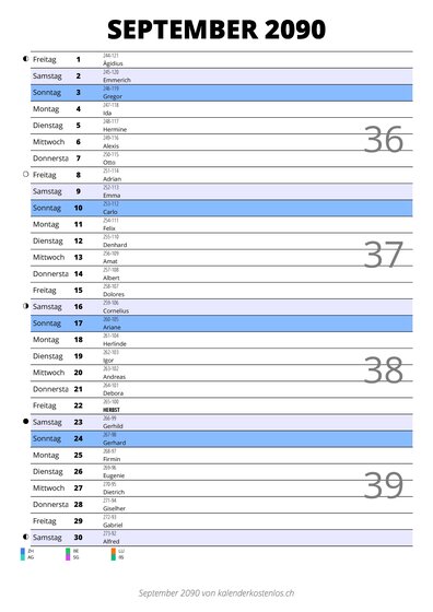 Kalender September 2090 im Hochformat mit Notizbereich