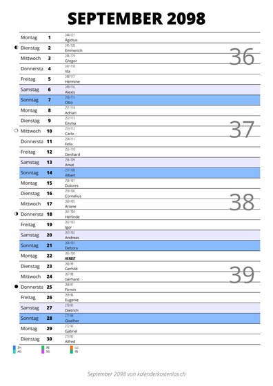 Kalender September 2098 im Hochformat mit Notizbereich