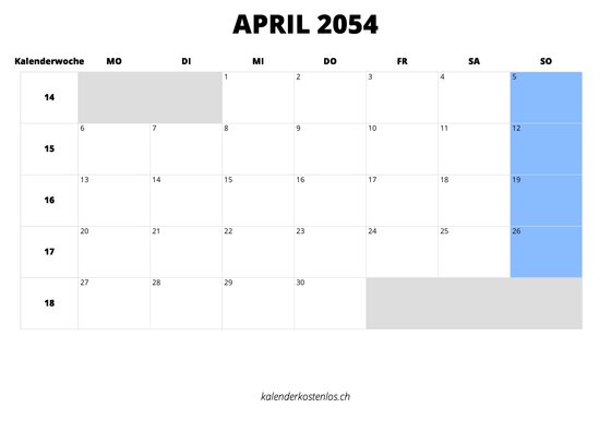Kalender April 2054 Kalender April 2054 im Querformat
