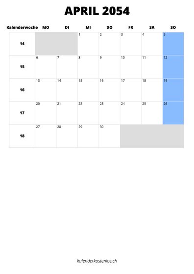 Kalender April 2054 Kalender April 2054 im Hochformat