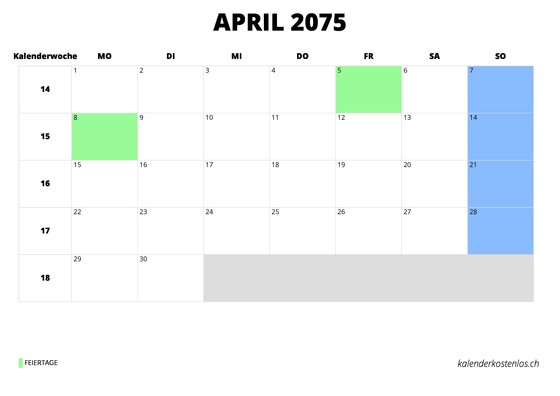 Kalender April 2075 Kalender April 2075 im Querformat
