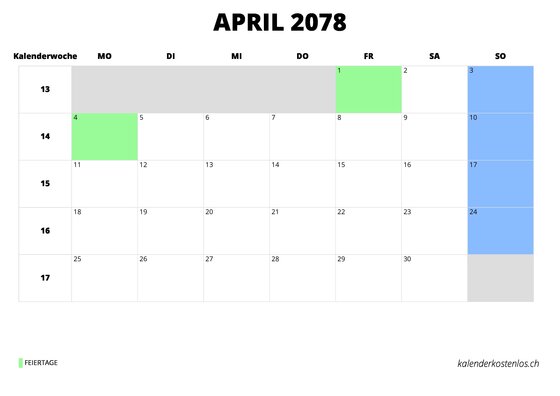 Kalender April 2078 im Querformat