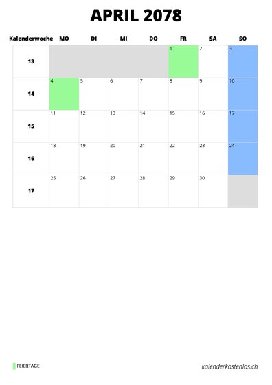 Kalender April 2078 im Hochformat
