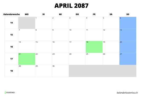 Kalender April 2087 Kalender April 2087 im Querformat