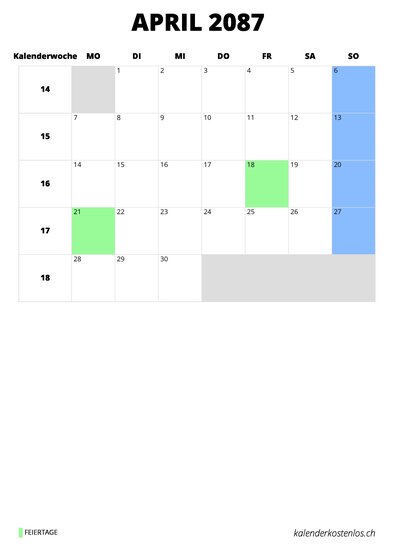 Kalender April 2087 Kalender April 2087 im Hochformat