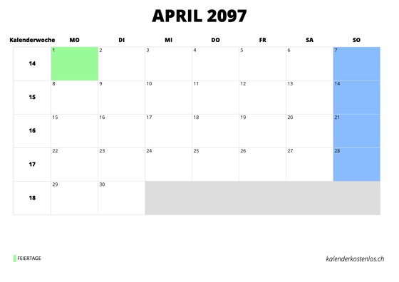 Kalender April 2097 Kalender April 2097 im Querformat