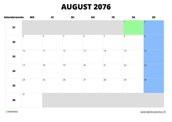 Kalender August 2076 Kalender August 2076 im Querformat