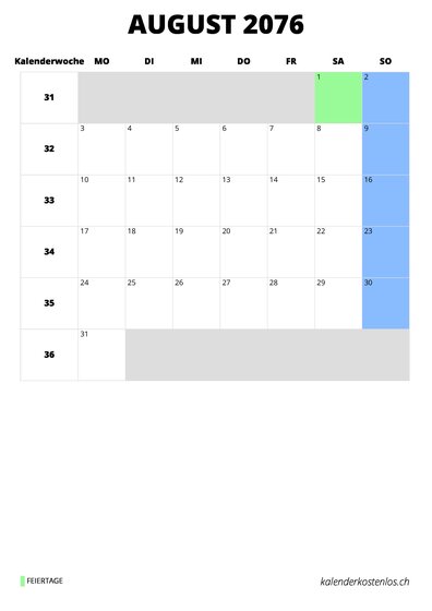 Kalender August 2076 Kalender August 2076 im Hochformat