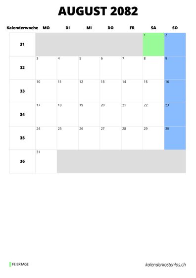 Kalender August 2082 Kalender August 2082 im Hochformat