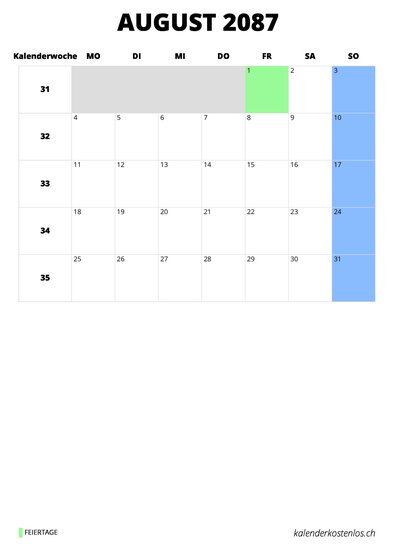 Kalender August 2087 Kalender August 2087 im Hochformat