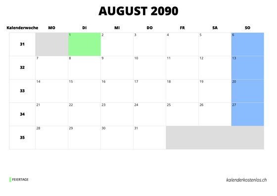 Kalender August 2090 Kalender August 2090 im Querformat