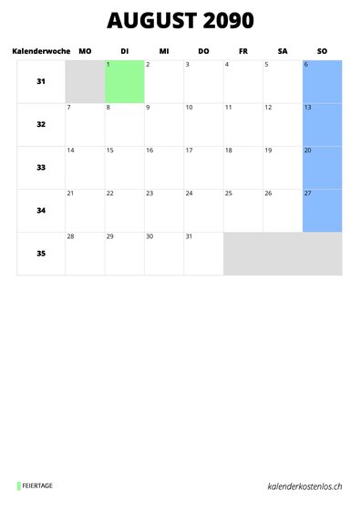 Kalender August 2090 Kalender August 2090 im Hochformat