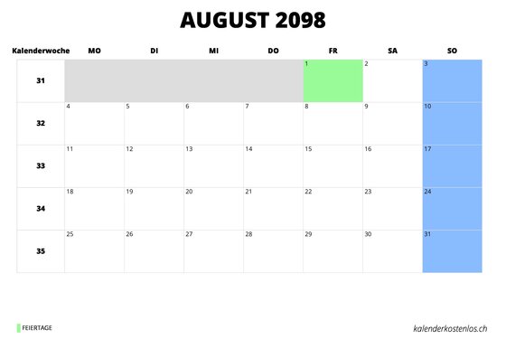 Kalender August 2098 Kalender August 2098 im Querformat