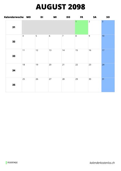Kalender August 2098 Kalender August 2098 im Hochformat