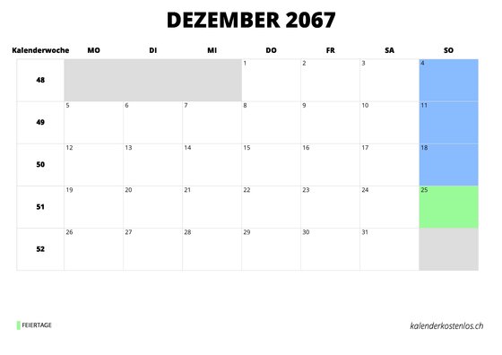 Kalender Dezember 2067 Kalender Dezember 2067 im Querformat