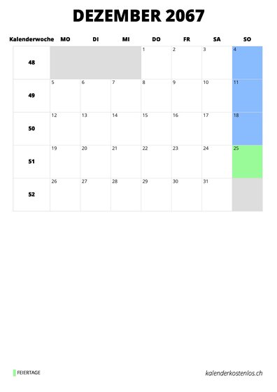 Kalender Dezember 2067 Kalender Dezember 2067 im Hochformat
