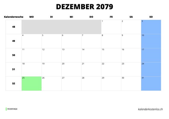 Kalender Dezember 2079 Kalender Dezember 2079 im Querformat