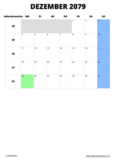 Kalender Dezember 2079 Kalender Dezember 2079 im Hochformat