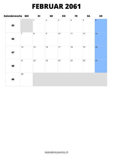 Kalender Februar 2061 Kalender Februar 2061 im Hochformat