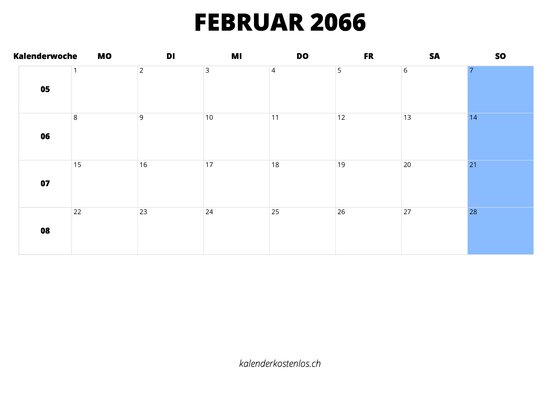 Kalender Februar 2066 Kalender Februar 2066 im Querformat