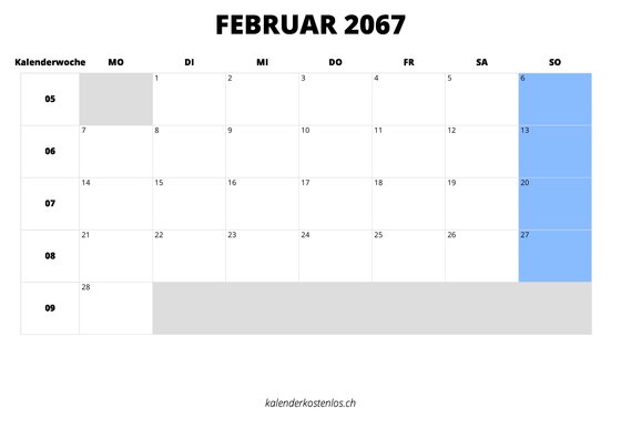 Kalender Februar 2067 Kalender Februar 2067 im Querformat