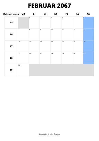 Kalender Februar 2067 Kalender Februar 2067 im Hochformat