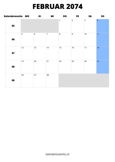 Kalender Februar 2074 Kalender Februar 2074 im Hochformat