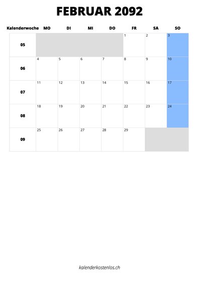 Kalender Februar 2092 im Hochformat