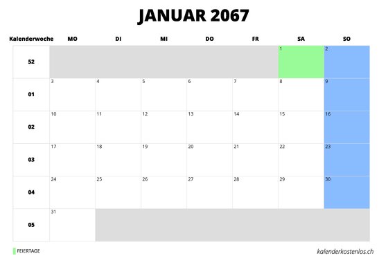 Kalender Januar 2067 Kalender Januar 2067 im Querformat