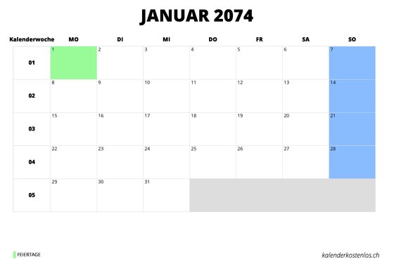 Kalender Januar 2074 Kalender Januar 2074 im Querformat