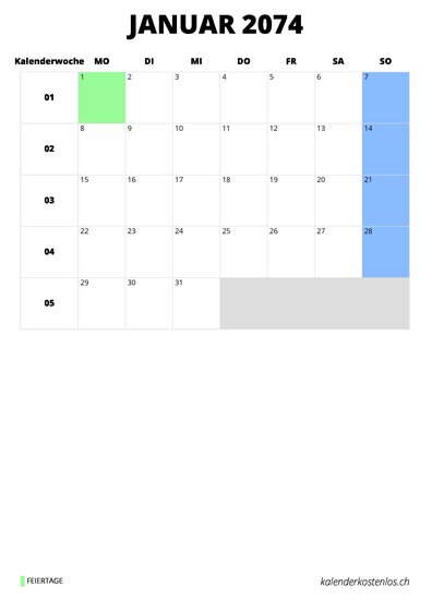 Kalender Januar 2074 Kalender Januar 2074 im Hochformat