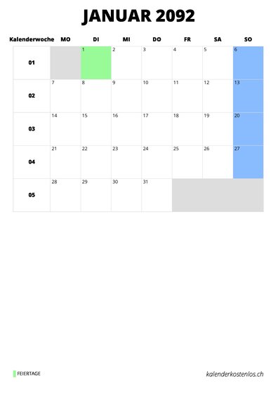 Kalender Januar 2092 Kalender Januar 2092 im Hochformat