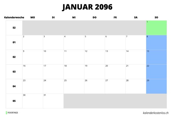 Kalender Januar 2096 Kalender Januar 2096 im Querformat
