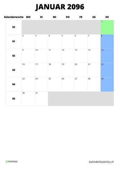 Kalender Januar 2096 Kalender Januar 2096 im Hochformat