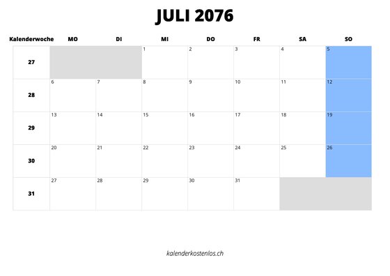 Kalender Juli 2076 im Querformat