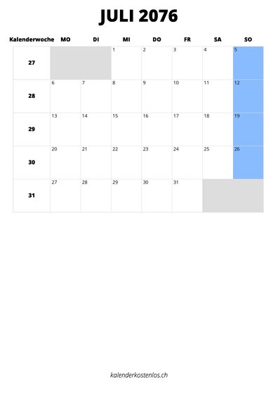 Kalender Juli 2076 im Hochformat