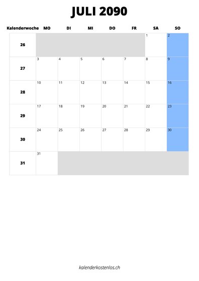 Kalender Juli 2090 im Hochformat
