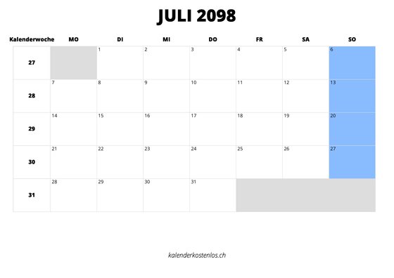 Kalender Juli 2098 im Querformat