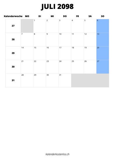 Kalender Juli 2098 im Hochformat