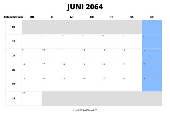 Kalender Juni 2064 im Querformat