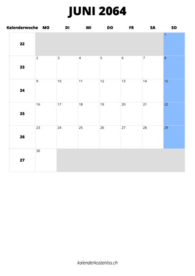 Kalender Juni 2064 im Hochformat