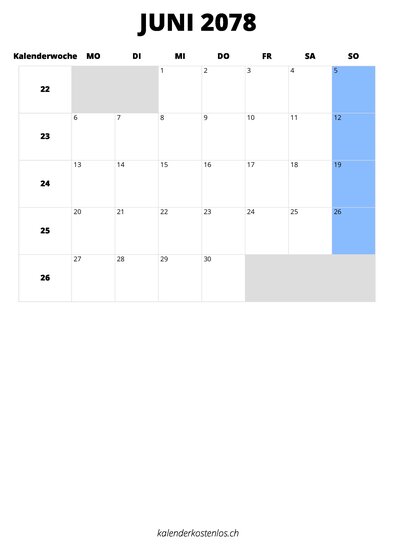 Kalender Juni 2078 im Hochformat