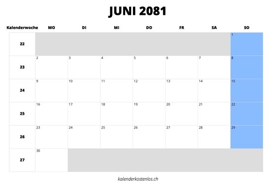 Kalender Juni 2081 im Querformat