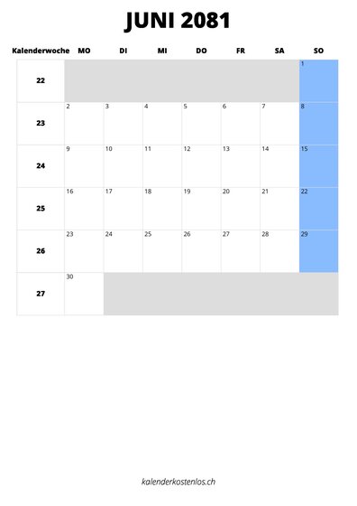 Kalender Juni 2081 im Hochformat