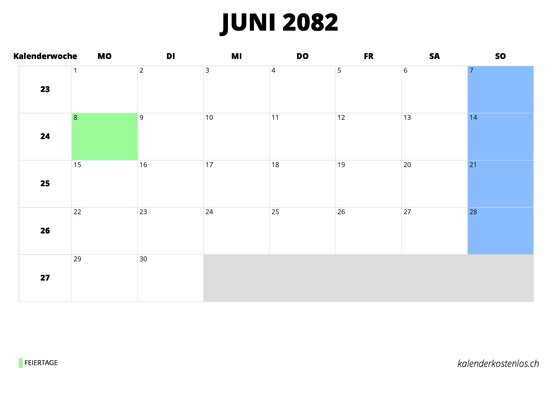 Kalender Juni 2082 im Querformat