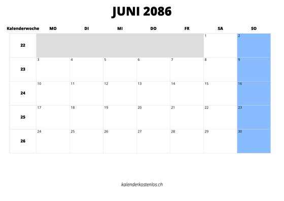 Kalender Juni 2086 im Querformat
