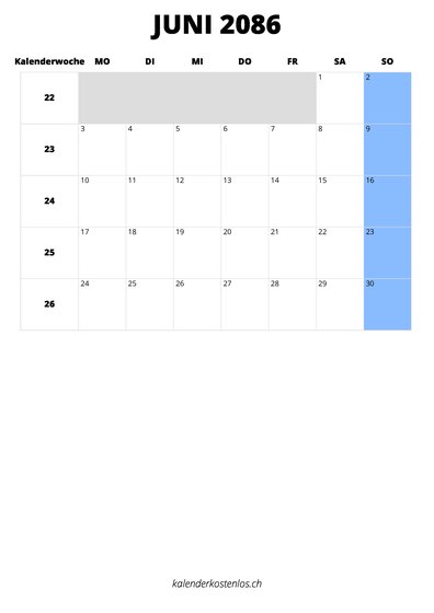 Kalender Juni 2086 im Hochformat